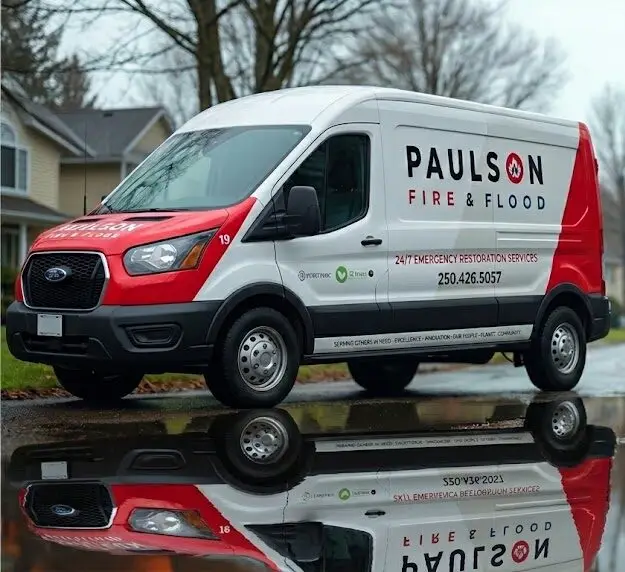 Paulson Fire and Flood Van on Wet Suburban Street