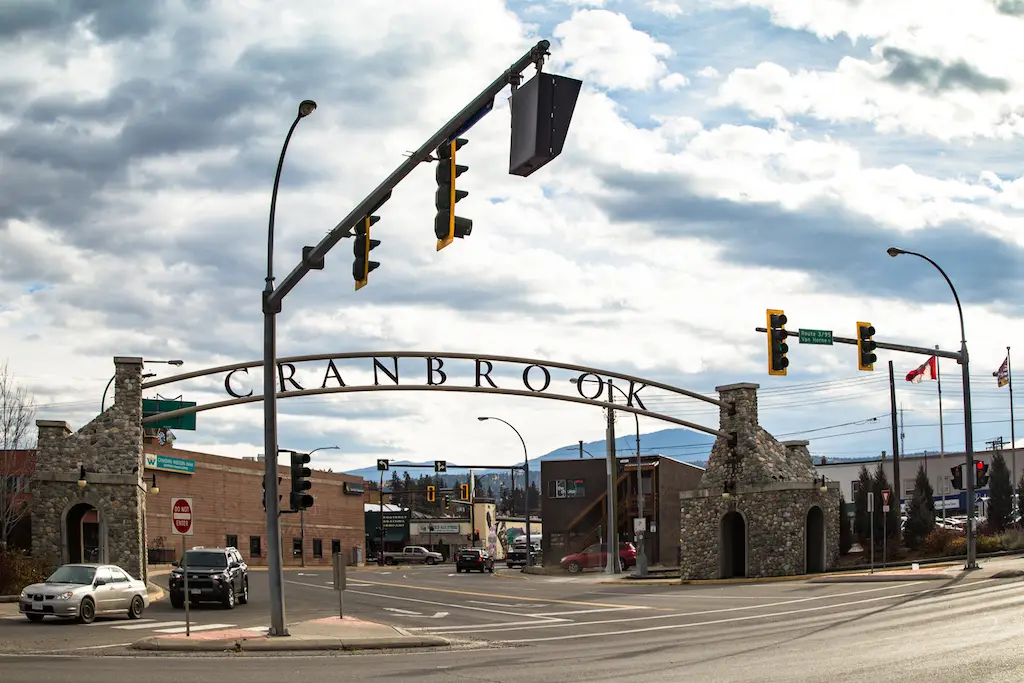 Cranbrook downtown entrance sign with traffic lights, representing local service in the East Kootenays