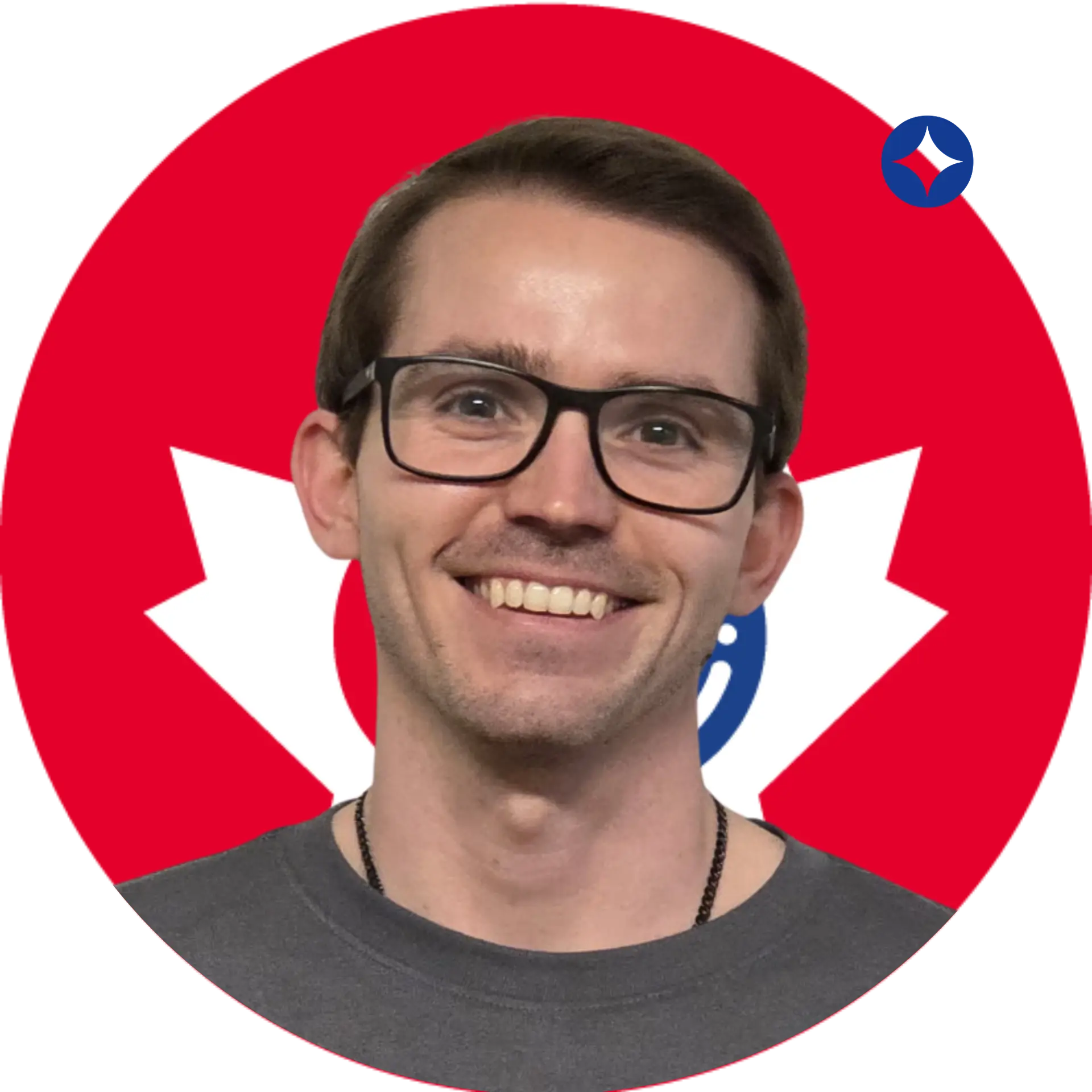 Jordan Dawe, Project Manager, smiling in a black jacket against a branded red and white background